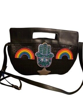 Circus By Sam Edelman Darla Black Woven Straw Satchel Purse Hamsa Hand Rainbows